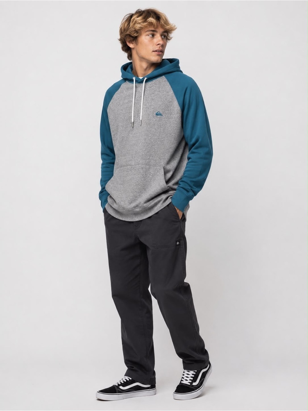 Quiksilver Men’s Raglan Sleeve Hoodie in Teal & Gray - Size Medium